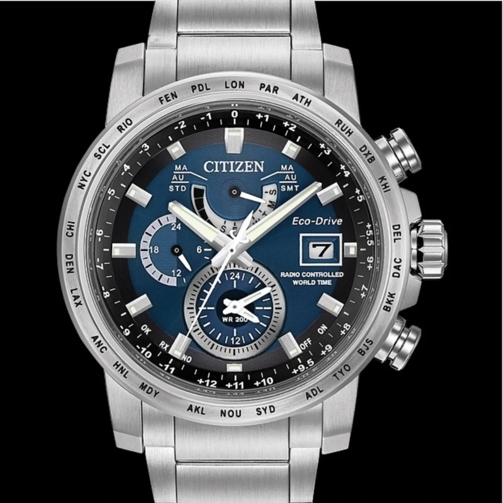 Citizen Eco-Drive World Time A-T Bracelet Watch Solar Silver-Toned w/ Blue Face - Picture 8 of 13